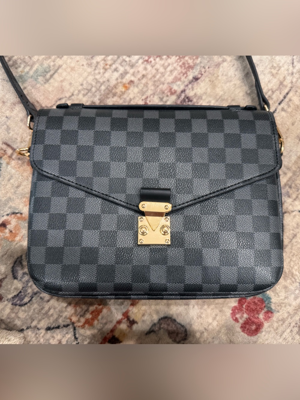 Black Checkered Crossbody Bag with Gold Hardware